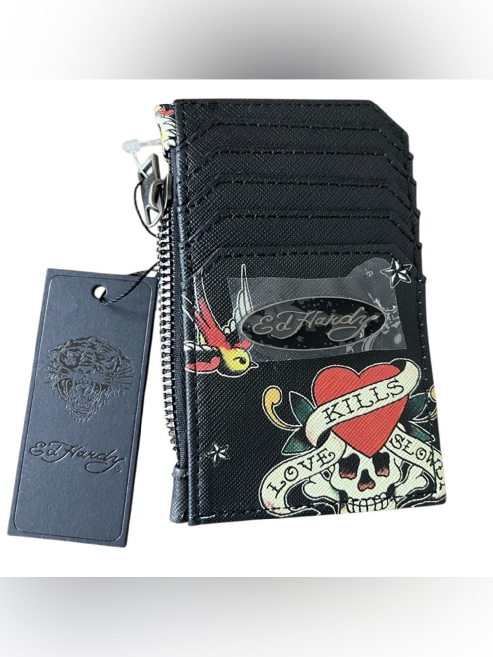 NIB Ed Hardy Black Card & Key Holder with Red Heart Tattoo Motif